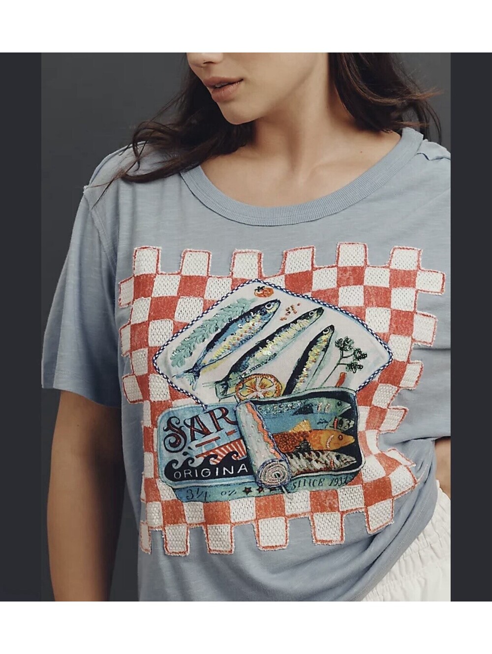 Anthropologie Maeve Sardine Sequin Beaded Linen Blend Graphic Tee Tinned Fish 2X